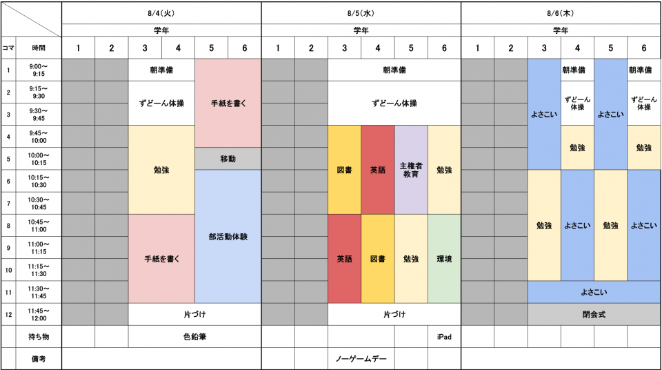 時間割後半(3-6年生)